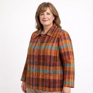 CJ Banks Womens Quilted Madras Style Plaid Jacket Size 1X Lightweight Pockets